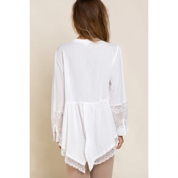 POL Off White Cotton & Lace Long Sleeve Unbalanced Hem Button Down Shirt - Picture 5 of 10